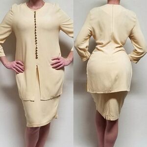 80s Vintage Impulsive Pale Yellow Gold Button Long Sleeve Pencil Skirt Set 10